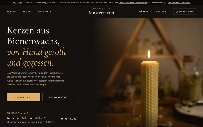 Beispielseite Manufaktur Mustermann, Online-Shop für Kerzen und Seifen