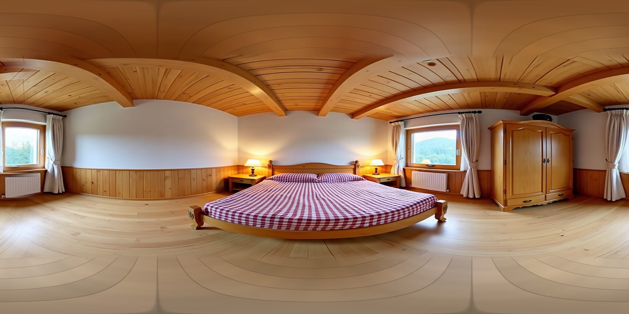 Beispielbild, mit künstlicher Intelligenz erzeugt. Doppelzimmer in einem bayerischen Gasthof, rundum aufgenommen. Holzbalkendecke, Vertäfelung aus Zirbe, breiter Dielenboden, Doppelbett mit rot-weiss kariertem Überwurf, zwei Nachttische mit Lampen, zwei Fenster mit Blick auf bewaldete Berge und ein hoher Kleiderschrank aus Holz.