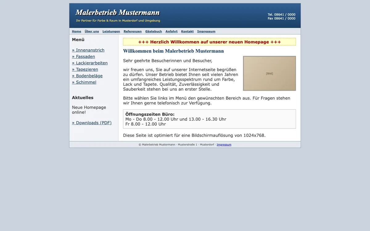 Beispiel einer veralteten Seite für Malerbetrieb Mustermann