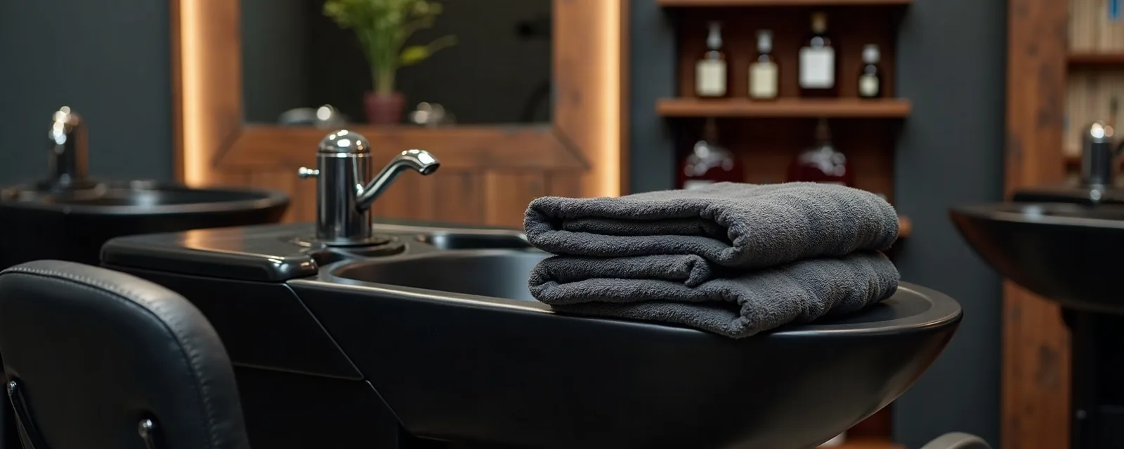 Waschbecken mit Liegestuhl und gefalteten Handtüchern