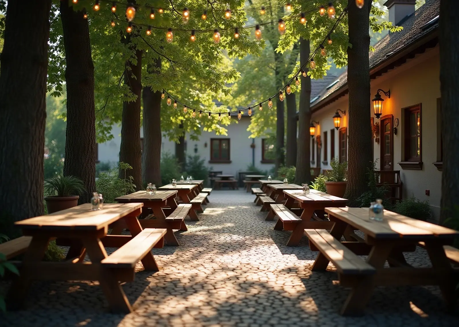 Mit KI erzeugt Biergarten unter Kastanien am Abend