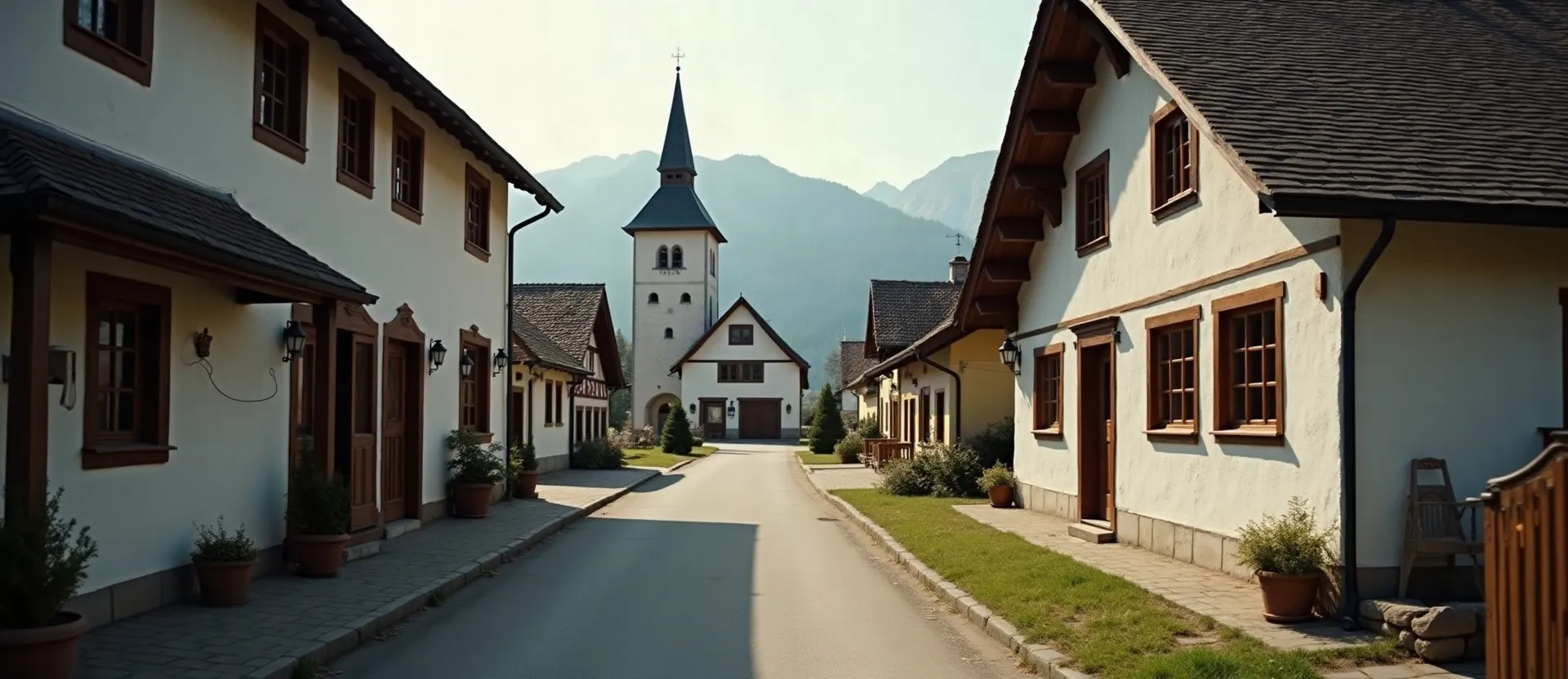 Mit KI erzeugt Dorfstraße in Musterdorf mit Blick zur Kirche