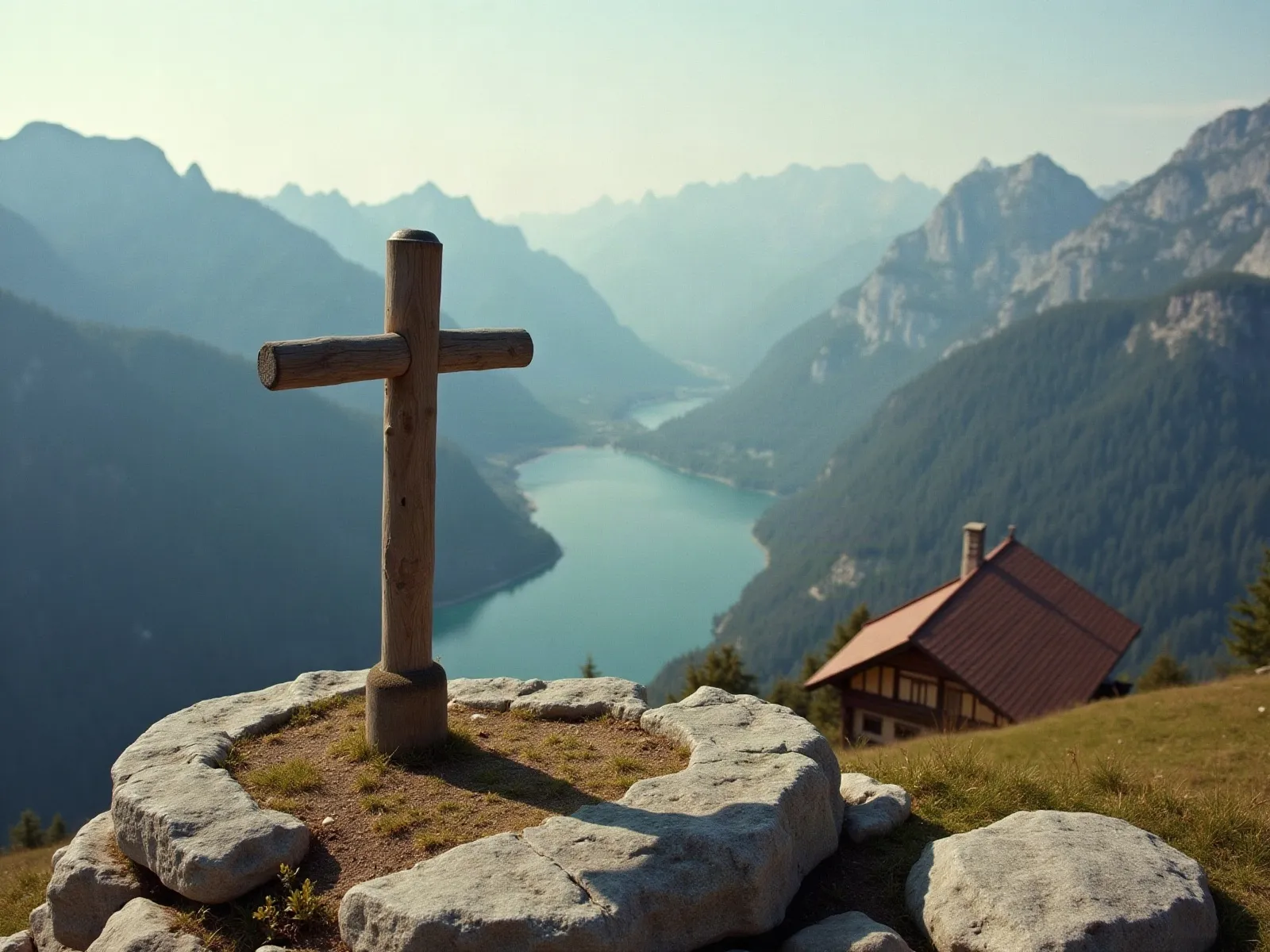 Mit KI erzeugt Gipfelkreuz über dem Tal mit Blick auf den See