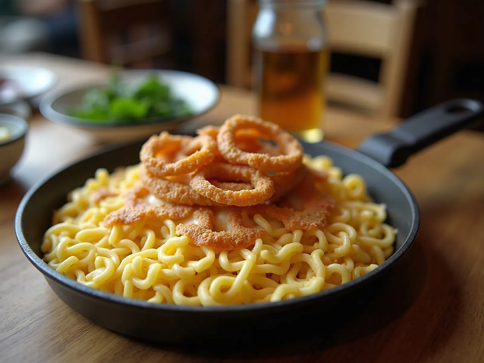 Käsespätzle mit Röstzwiebeln in der Pfanne
