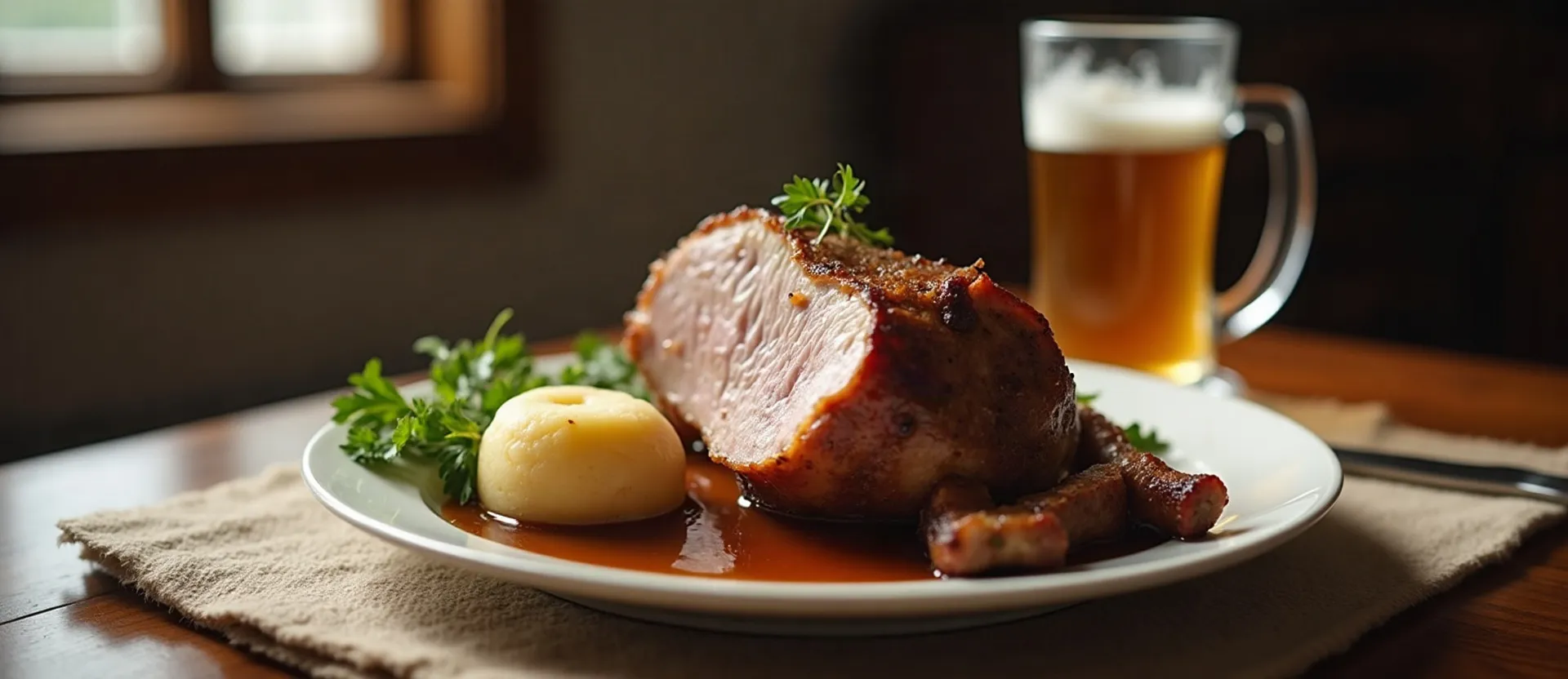 Schweinsbraten mit Kruste, Knödel und Soße