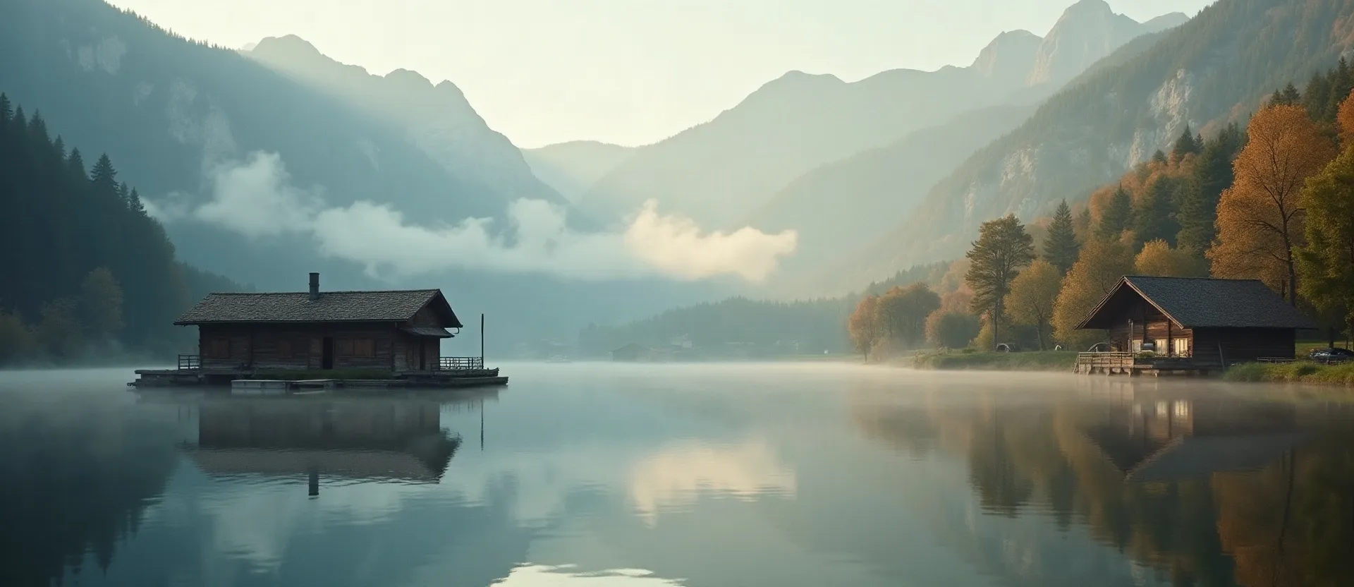 Mit KI erzeugt Morgennebel über dem See mit Bootshaus