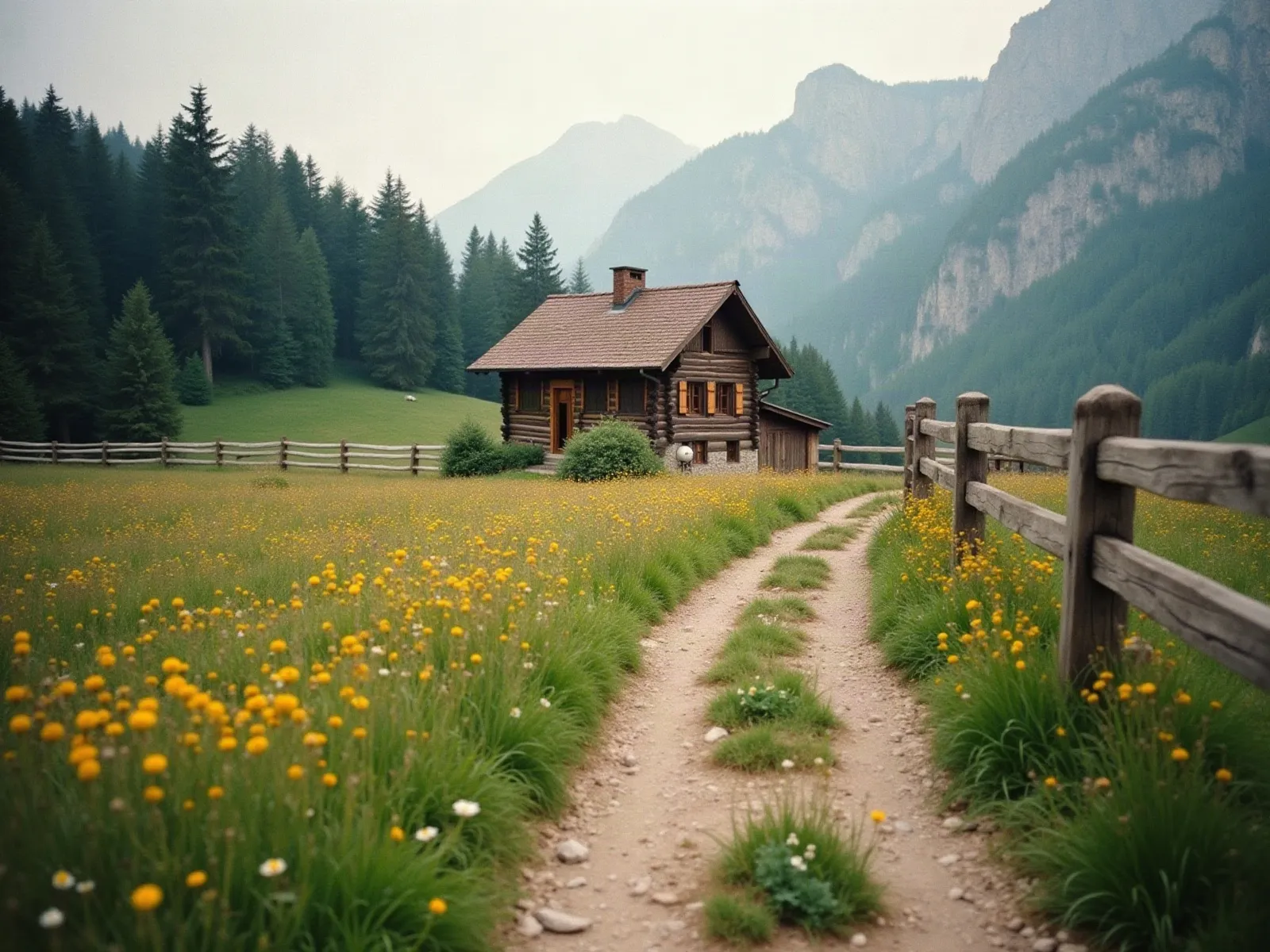 Mit KI erzeugt Wanderweg über eine Almwiese zu einer Hütte