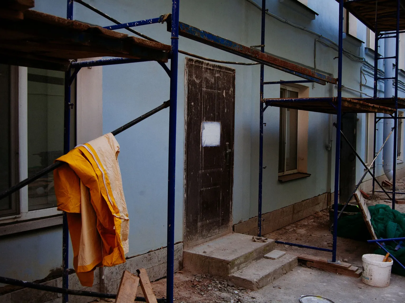 Scaffolding on an exterior wall before painting