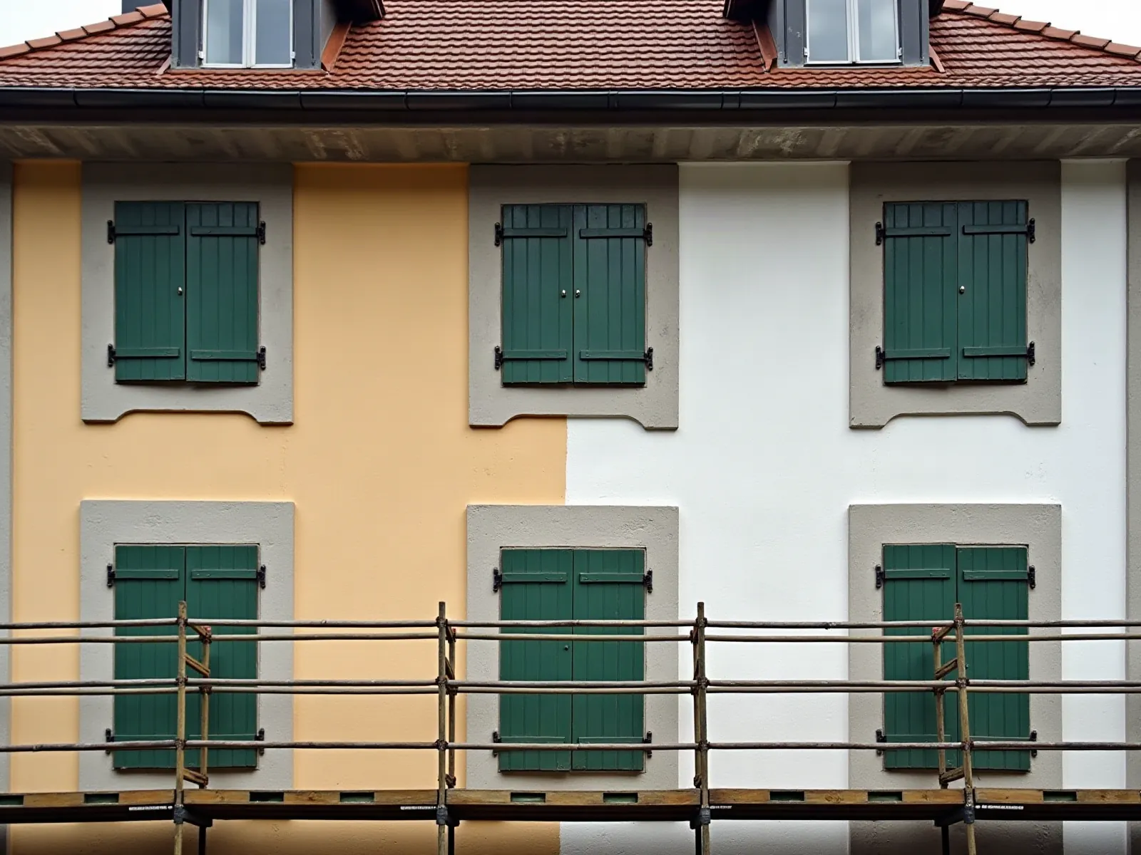 Mit KI erzeugt Gerüst vor einer Hausfassade, halb neu gestrichen