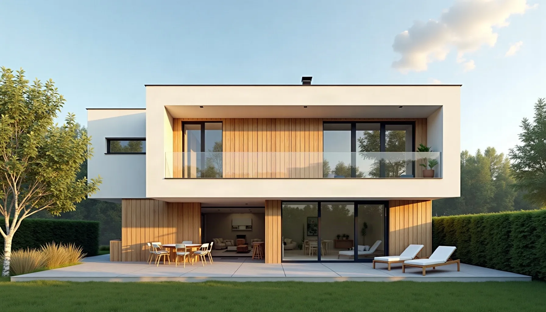 Modernes Wohnhaus mit Holzfassade, Terrasse und Garten