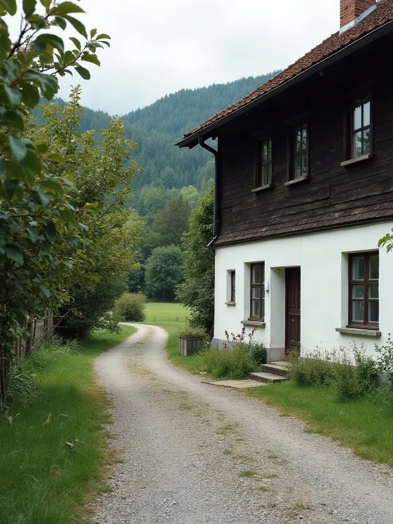Mit KI erzeugt Hofstelle bei Musterberg, Blick von der Zufahrt
