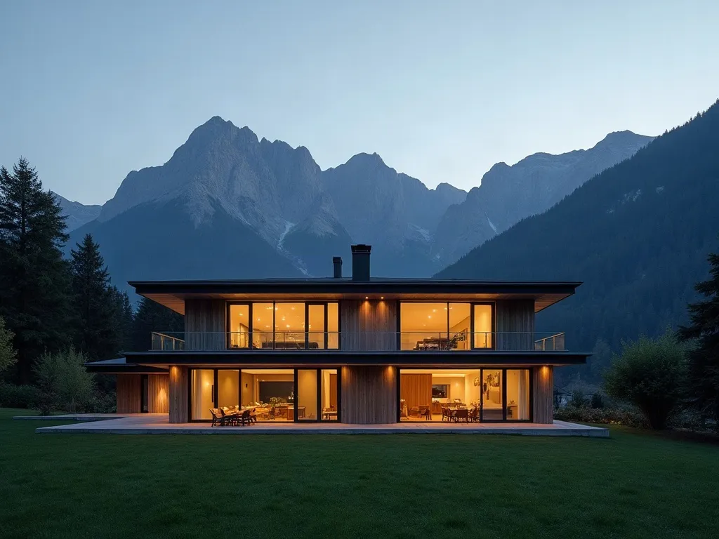 Mit KI erzeugt Neubau mit bodentiefen Fenstern am Abend, Blick aus dem Garten