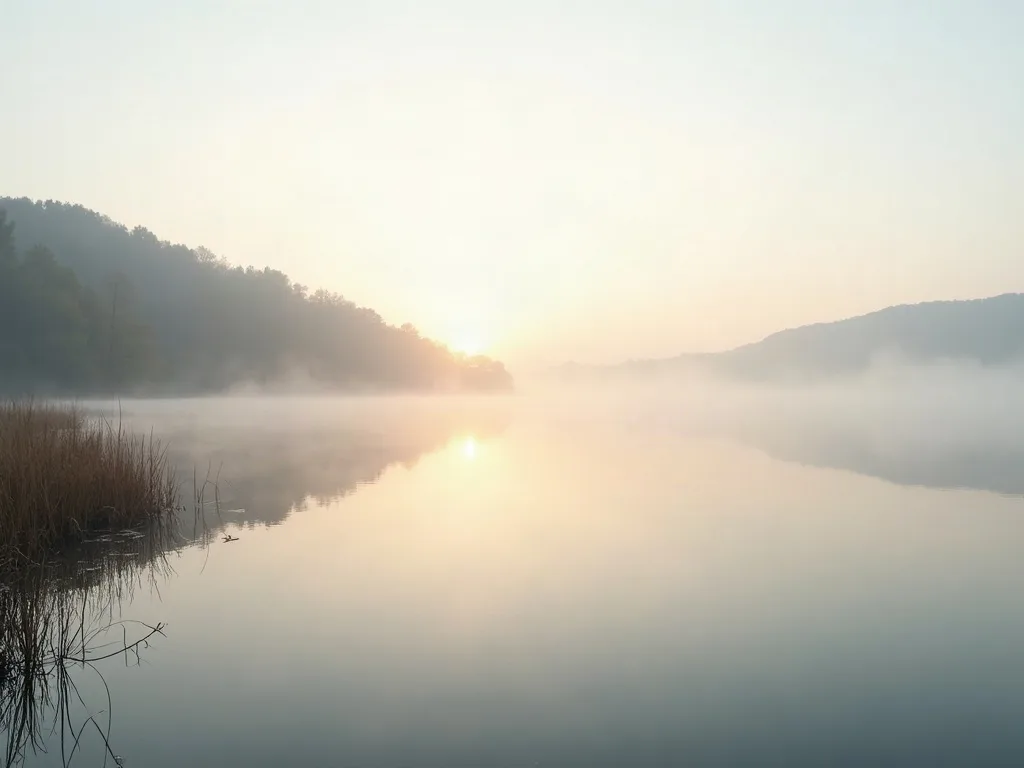 Mit KI erzeugt Morgennebel über einem See in der Region