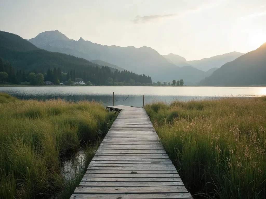 Mit KI erzeugt Seegrundstück mit Holzsteg, Blick über den See