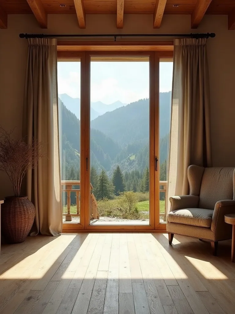 Mit KI erzeugt Helle Stube mit Blick durchs Fenster zu den umliegenden Alpen