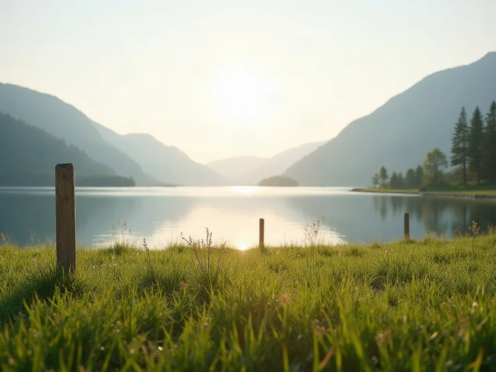 Mit KI erzeugt Uferwiese bei Musterdorf mit Baugrenze, Blick über den See