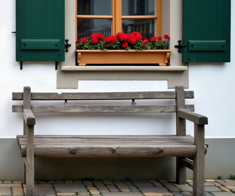 Holzbank unter dem Fenster mit grünen Läden und Geranien