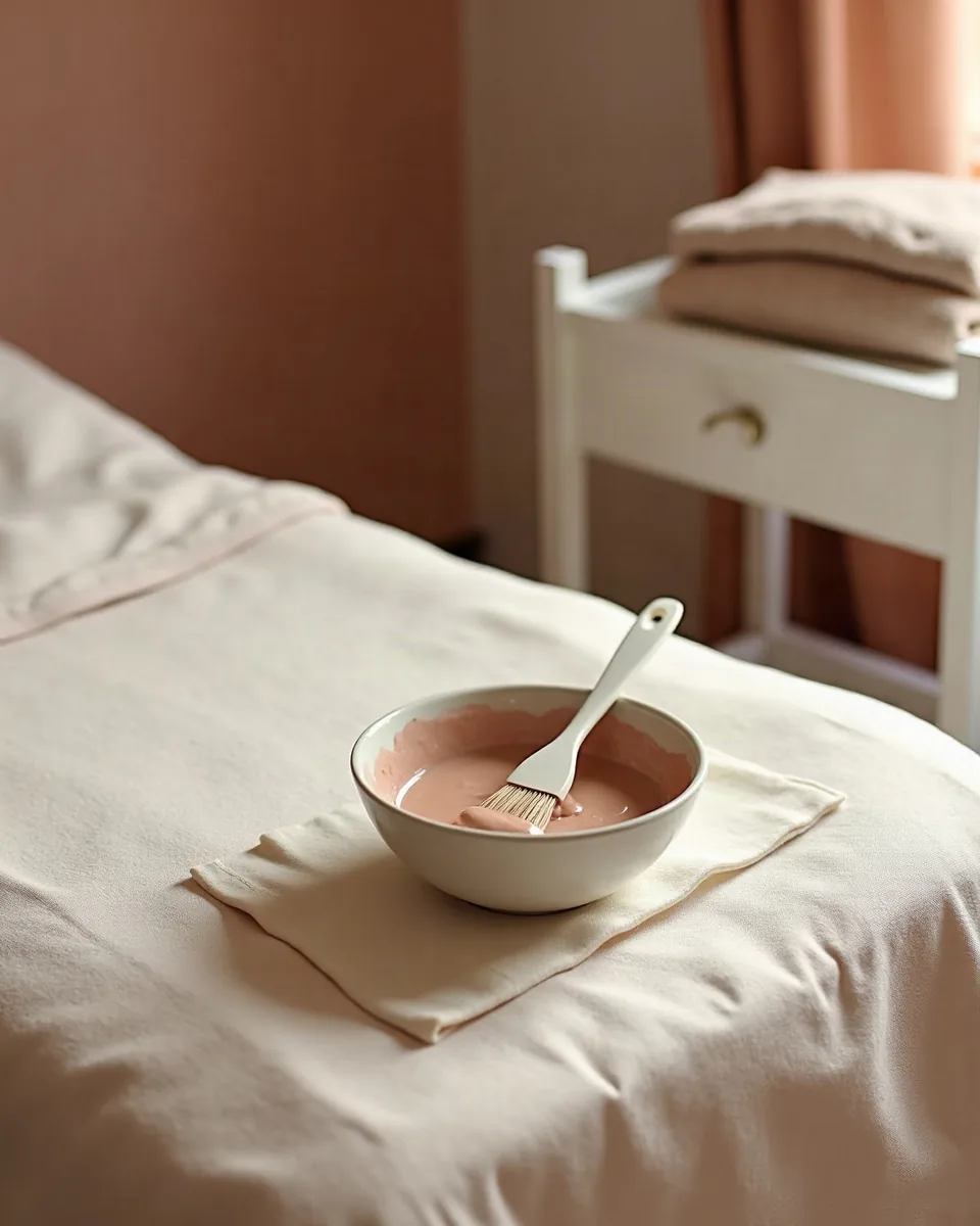 Schale mit Tonerde-Maske und Pinsel auf der Behandlungsliege