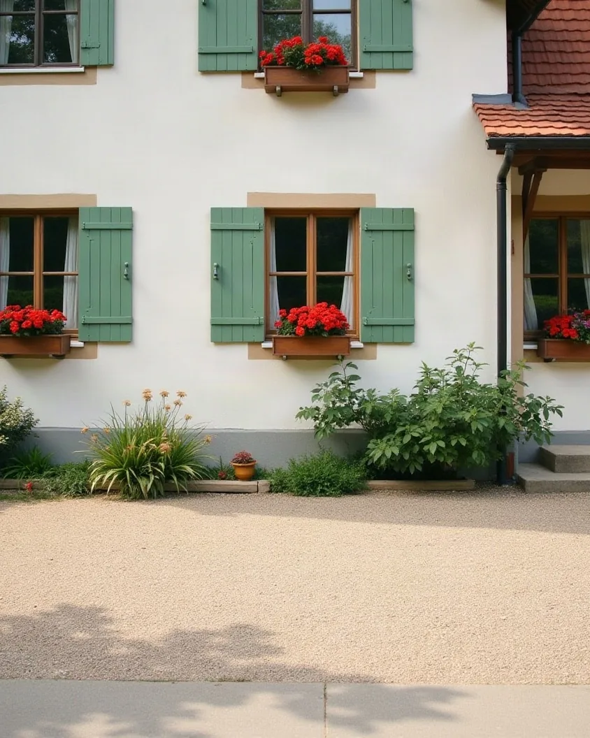 Weißes Haus mit grünen Fensterläden und Kiesplatz davor