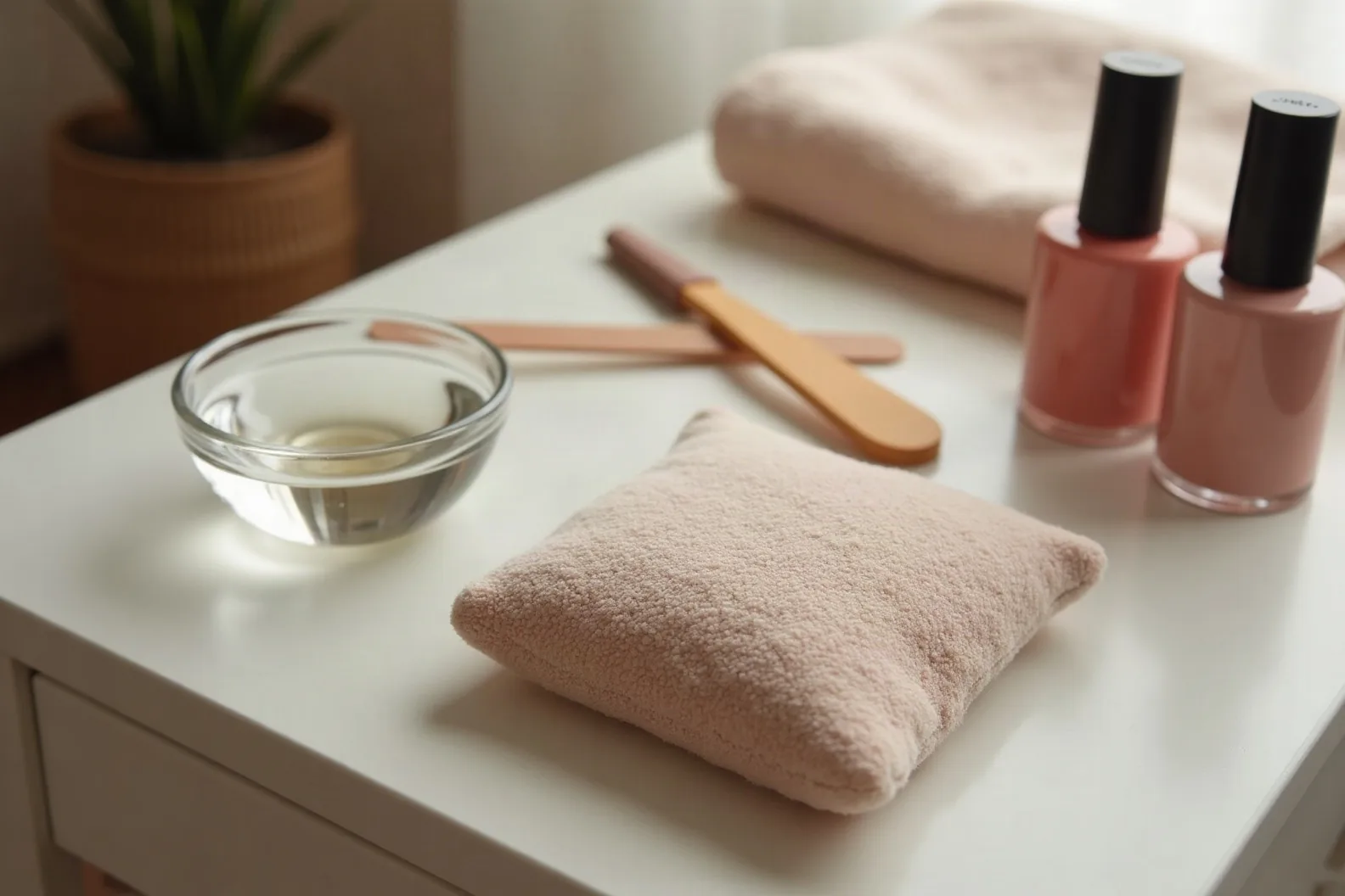 Maniküretisch mit Handkissen, Feilen und Nagellack in Nudetönen