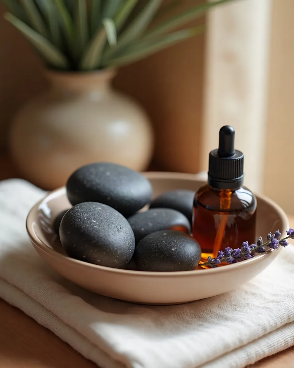 Warme Massagesteine in einer Keramikschale mit Öl und Lavendel