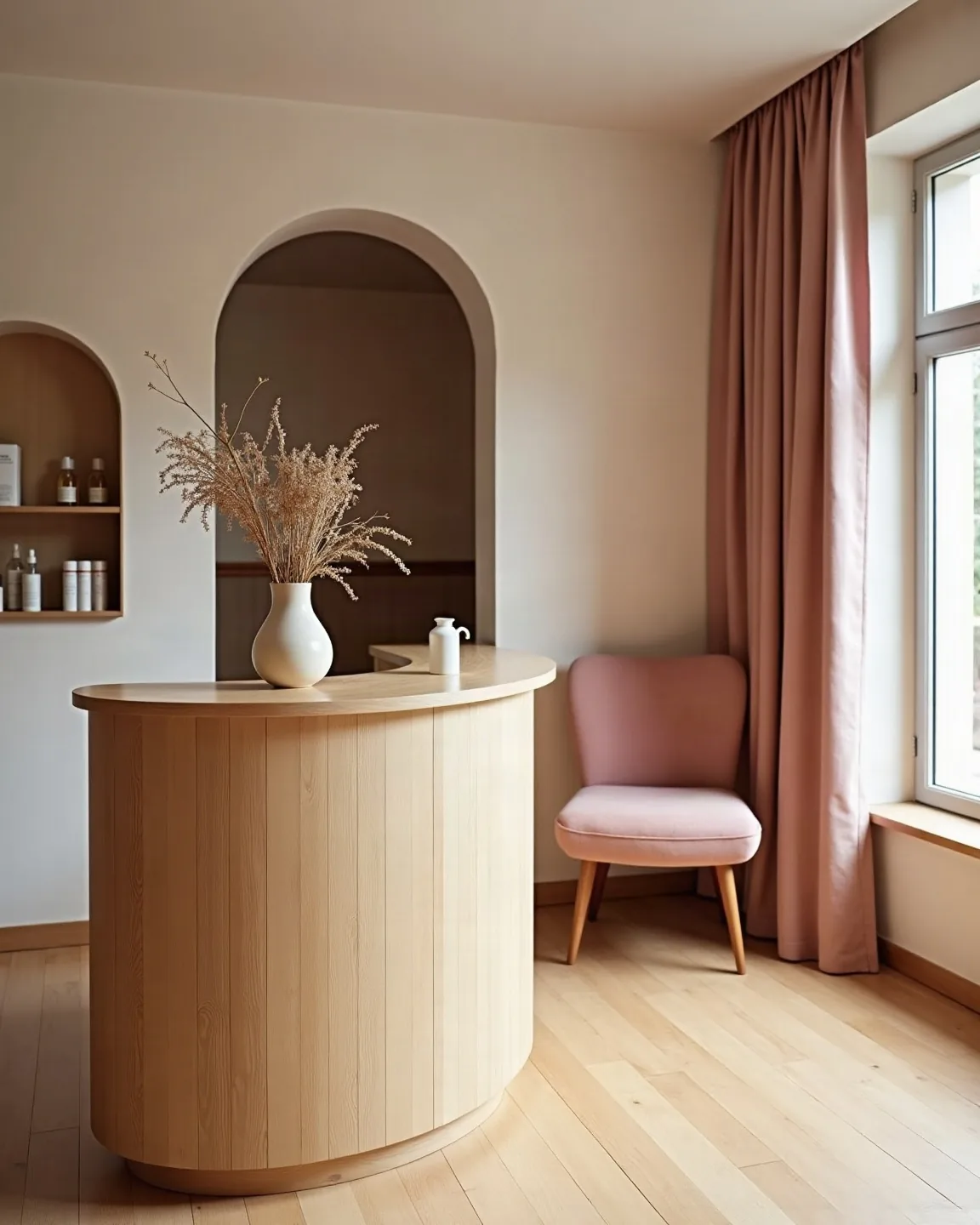 Empfangstresen aus hellem Holz mit Trockenblumen und Sessel