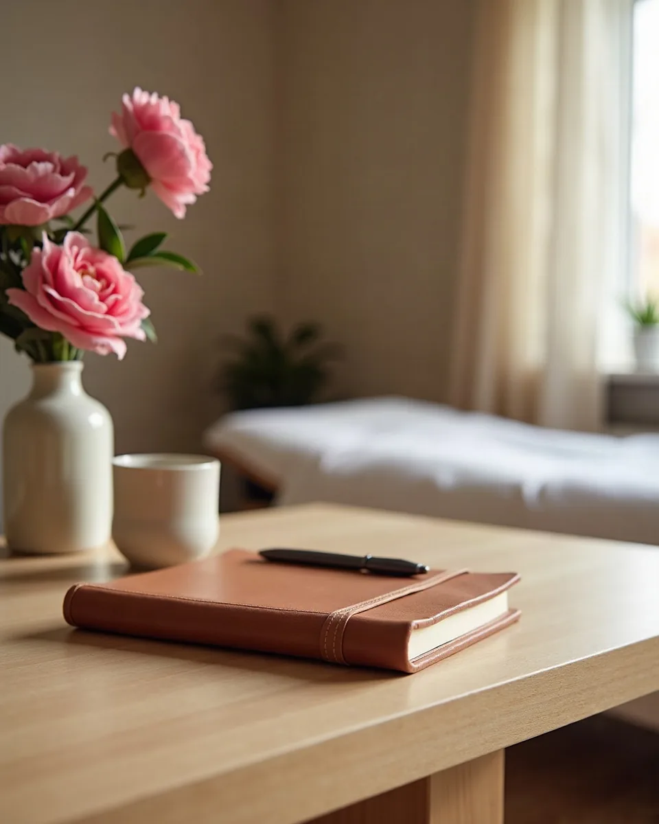 Terminbuch mit Stift neben einer Vase mit Ranunkeln