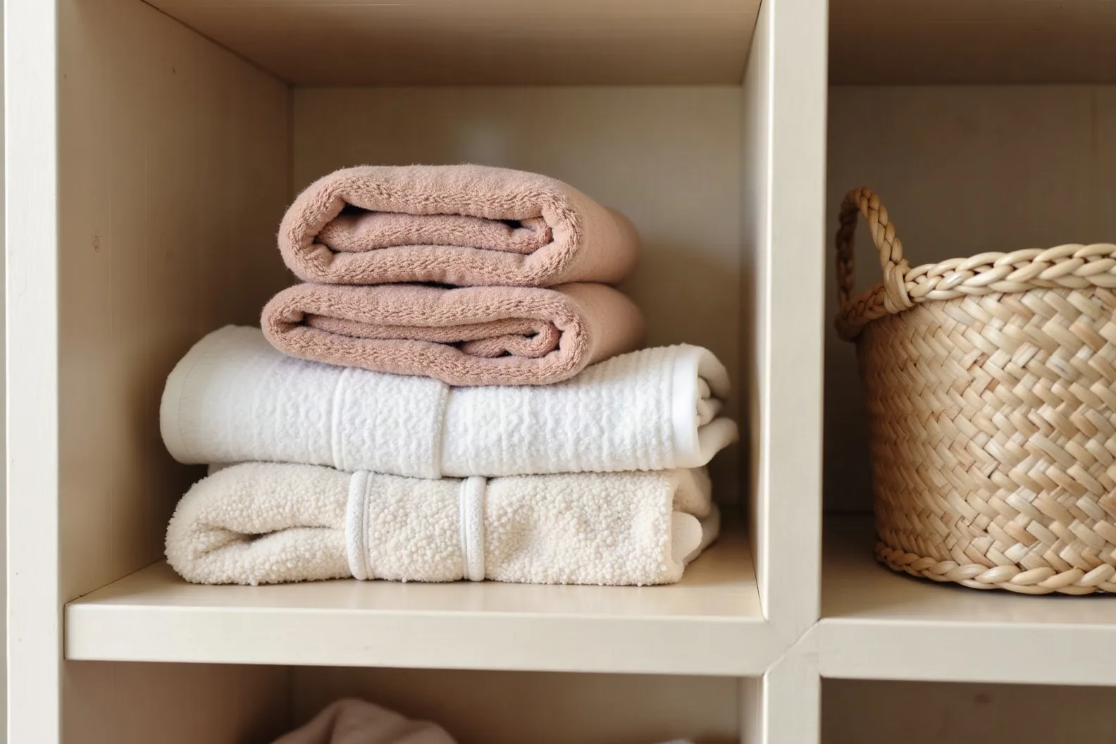 Frisch gewaschene Handtücher im Wäscheschrank