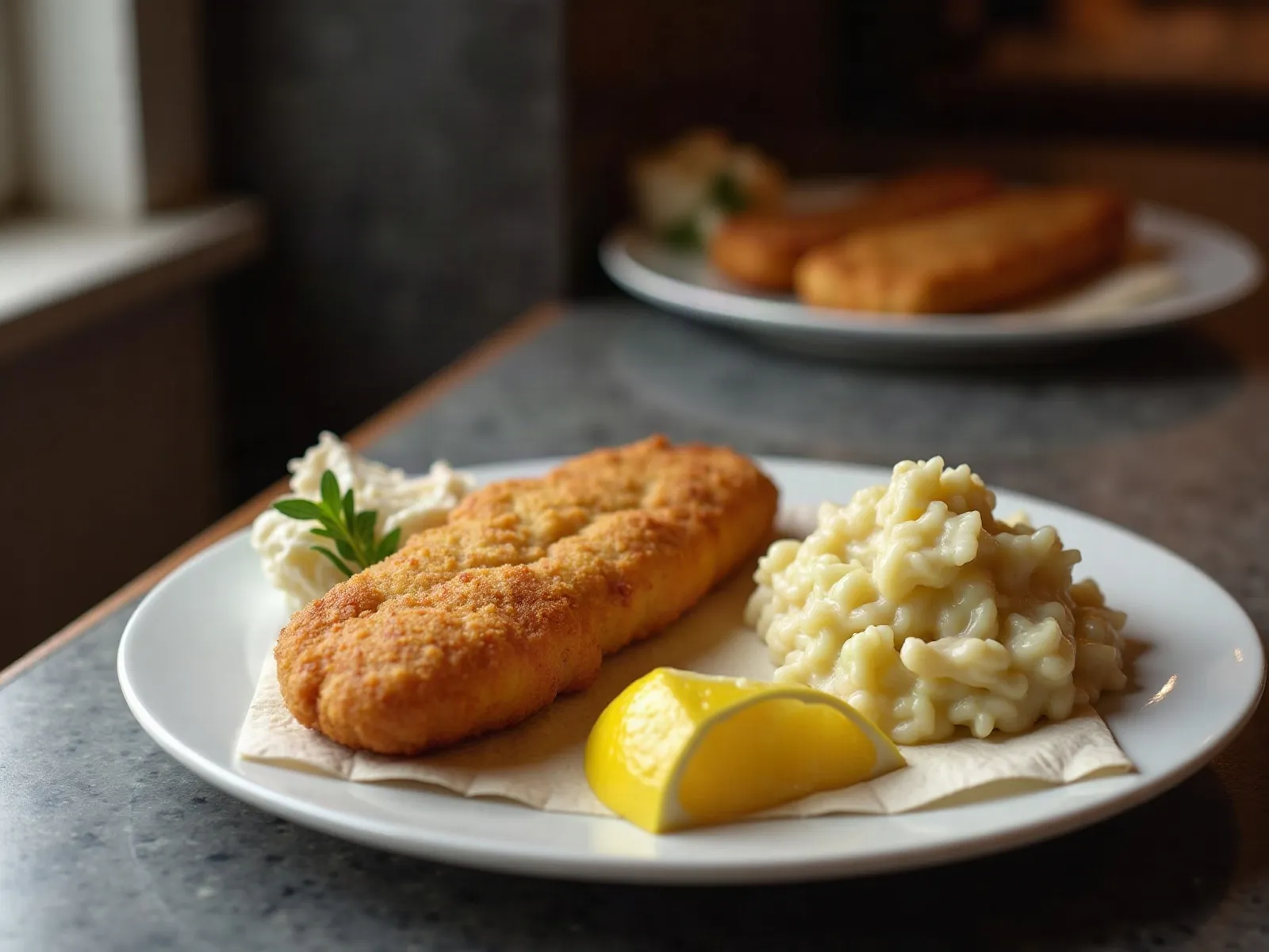 Fried fish with potato salad and lemon