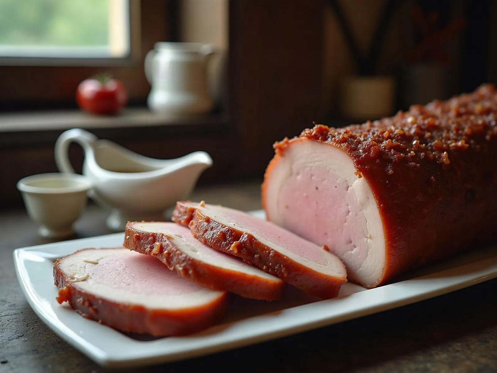 Sliced Schweinsbraten on a platter