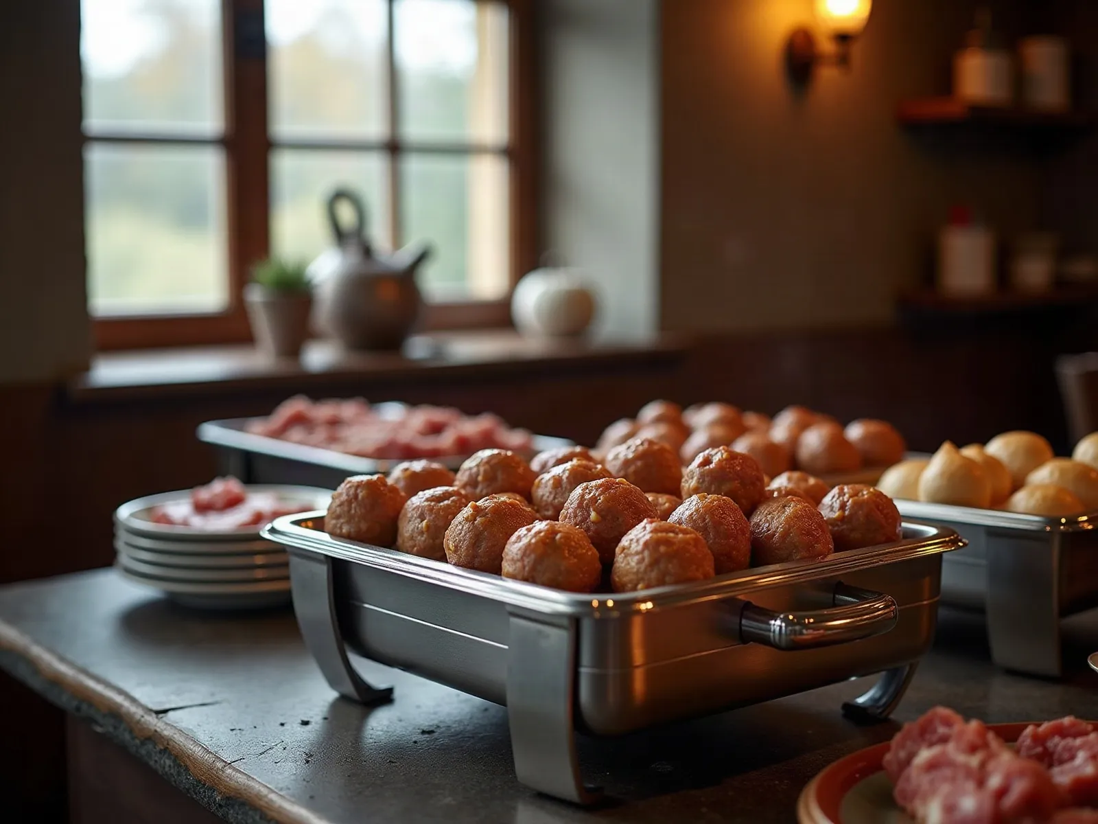 Fleischpflanzerl (Bavarian meatballs) in a chafing dish at the buffet
