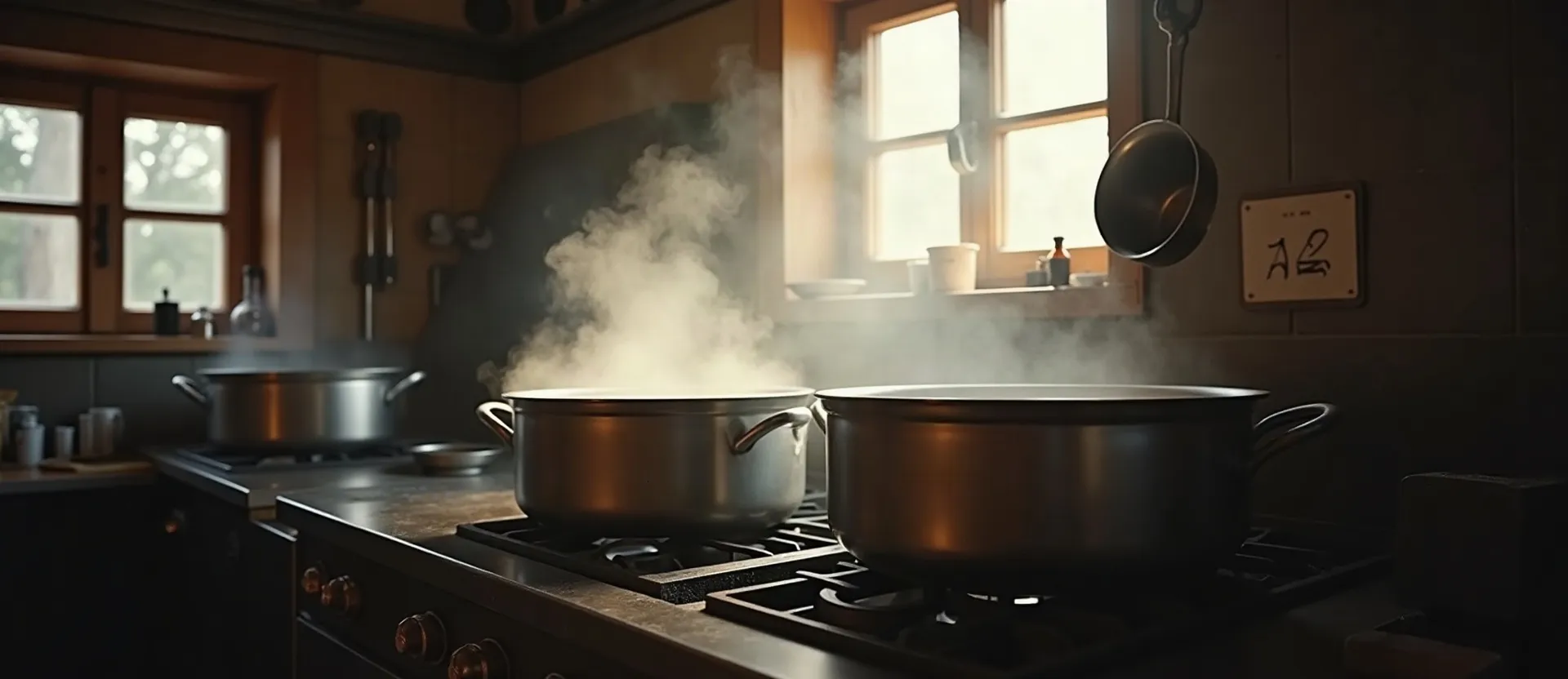Steaming pots on the stove in our kitchen