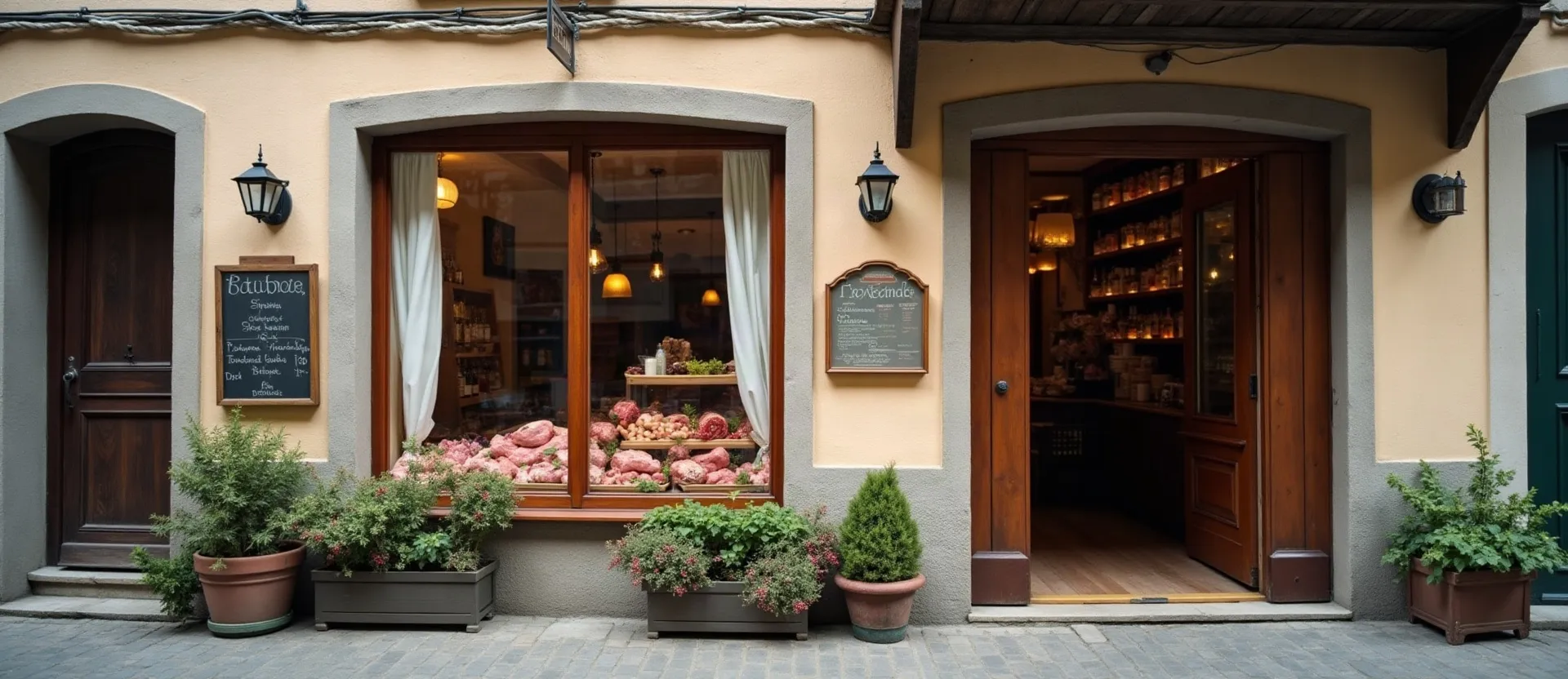 Mit KI erzeugt Ladeneingang der Metzgerei im alten Ortshaus