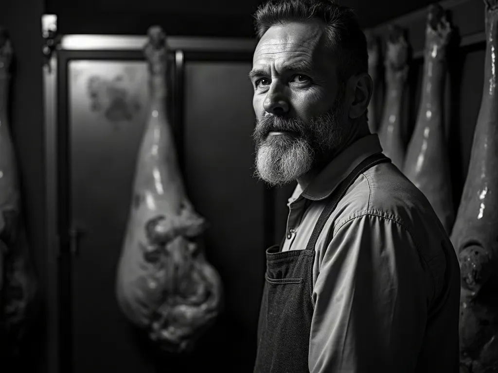 AI-generated The master butcher in front of the aging chamber
