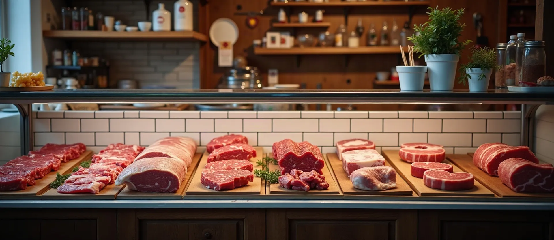 Mit KI erzeugt Blick über die Fleischtheke mit Rind und Schwein