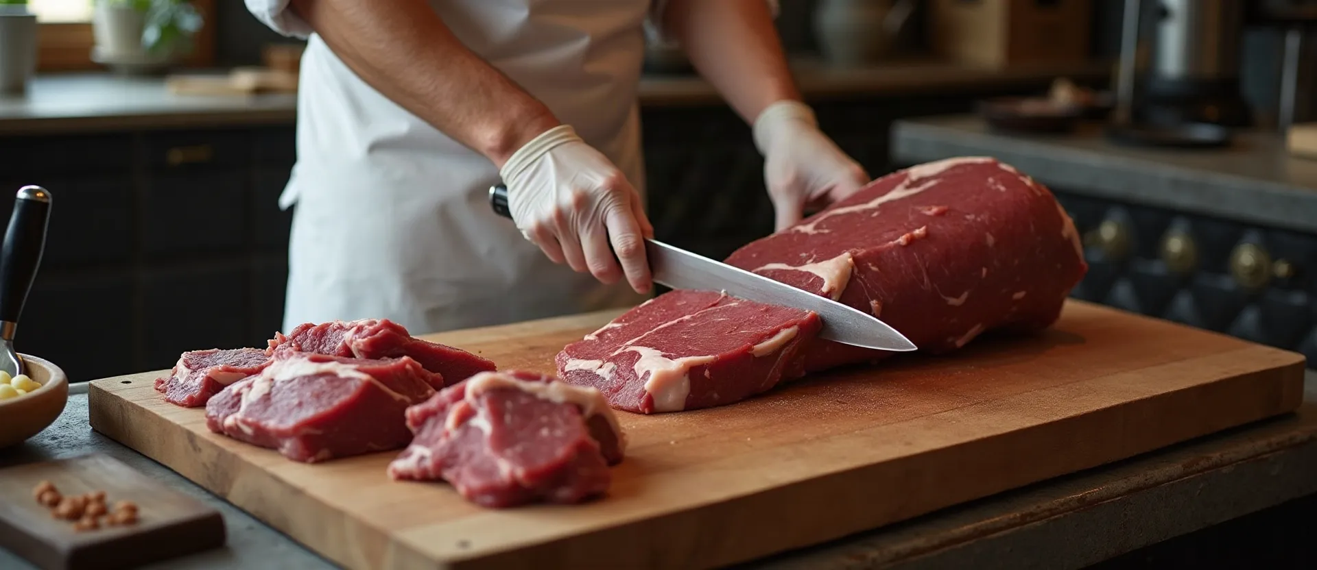 Beef being broken down on the butcher’s block