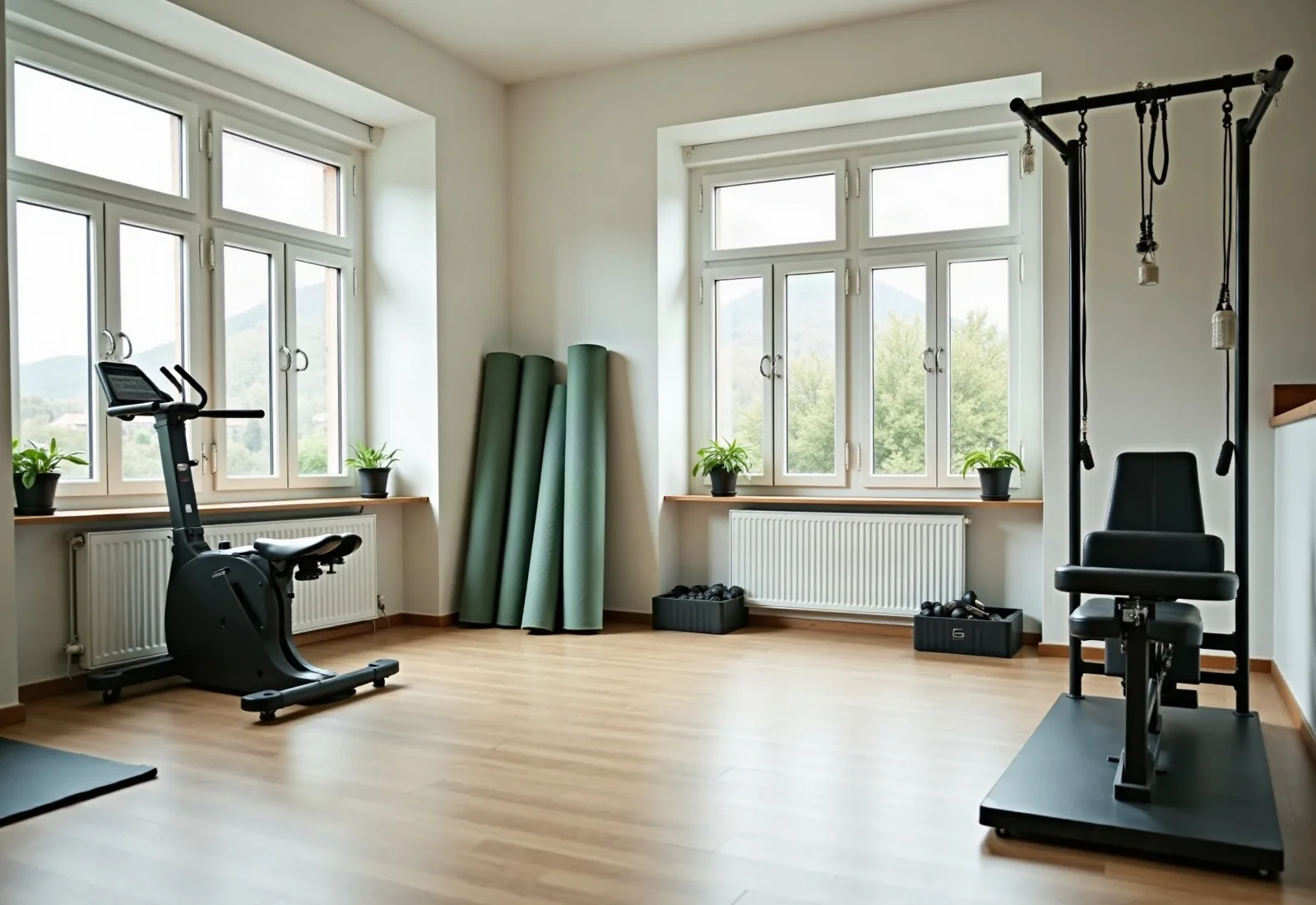 Mit KI erzeugt Trainingsraum mit Zugapparat, Ergometer und Matten