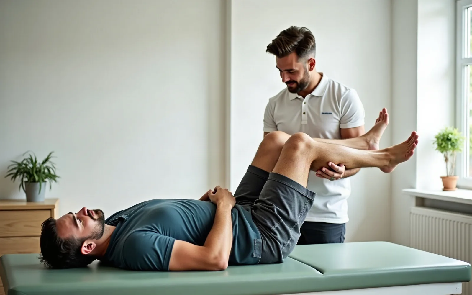 Mit KI erzeugt Krankengymnastik, Therapeut führt das Bein eines Patienten