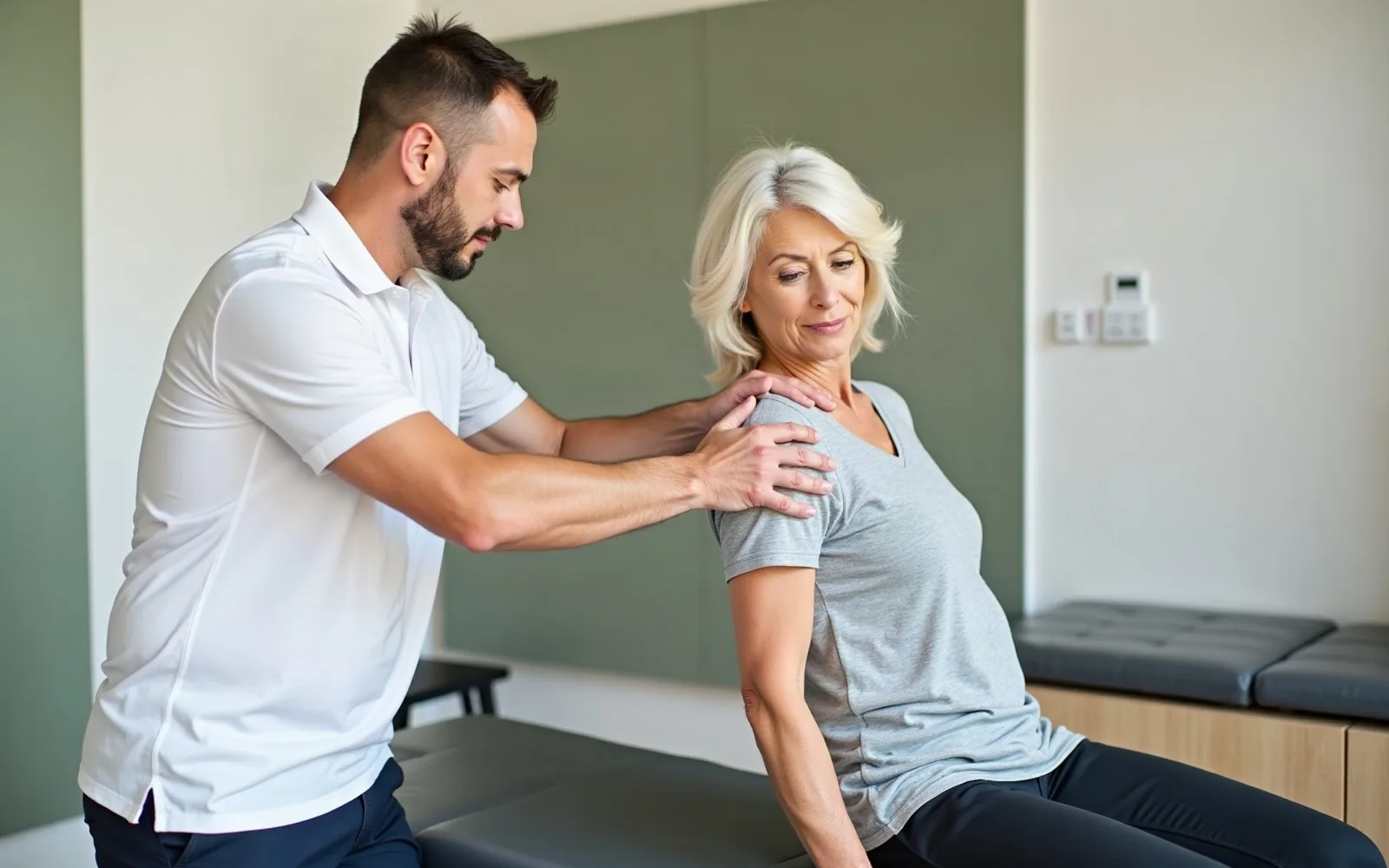 Mit KI erzeugt Manuelle Therapie an der Schulter einer Patientin