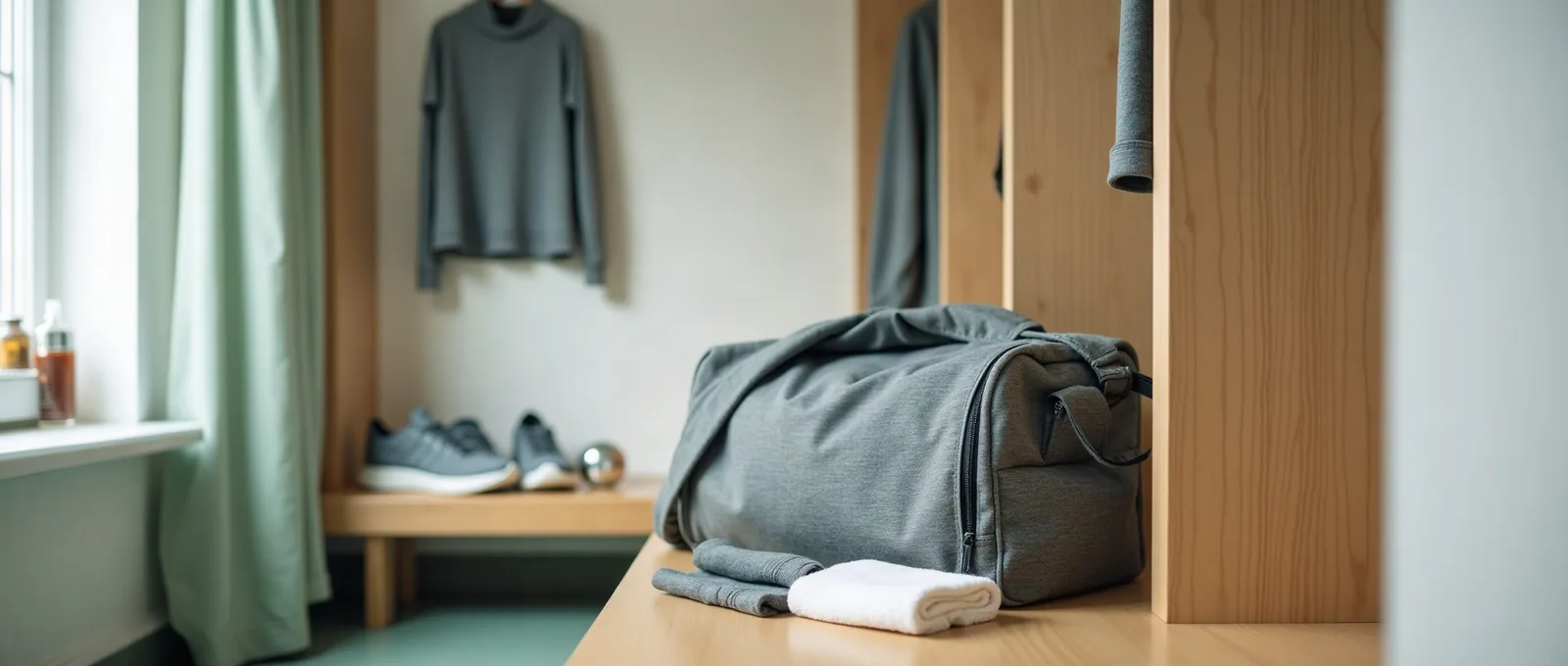 Offene Sporttasche mit Handtuch, Sportkleidung und Turnschuhen