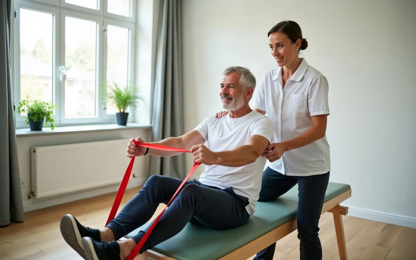 Mit KI erzeugt Übung mit dem Theraband unter Anleitung
