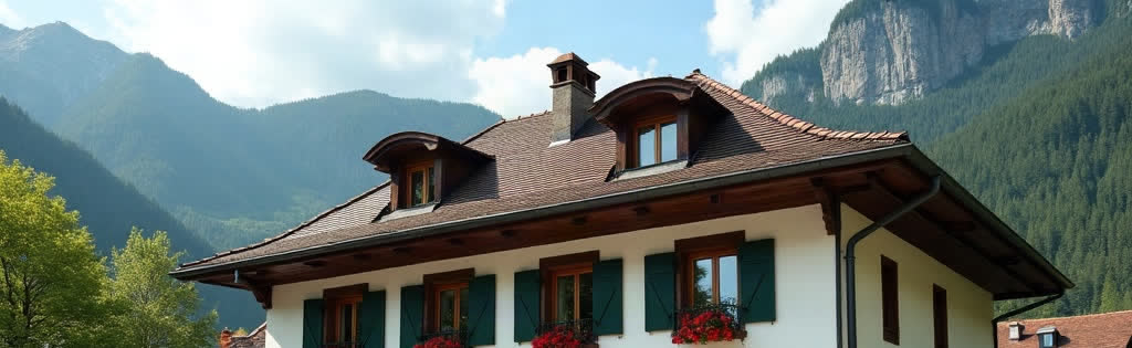 Der Gasthof Mustermann von der Straße aus, dahinter die Berge