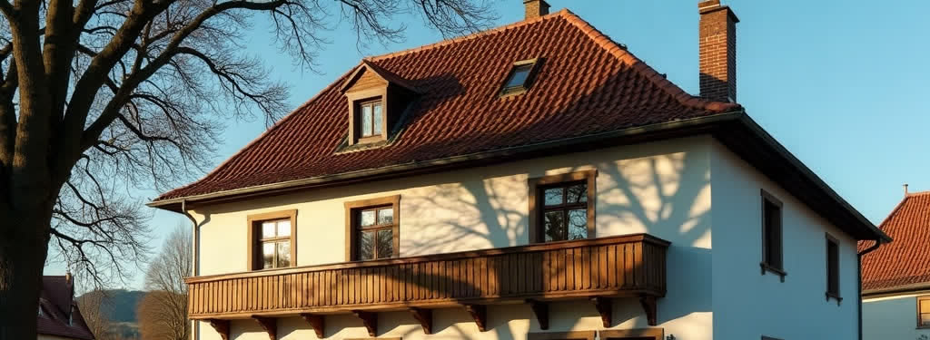 Der Gasthof Mustermann im Abendlicht, von der Straße aus