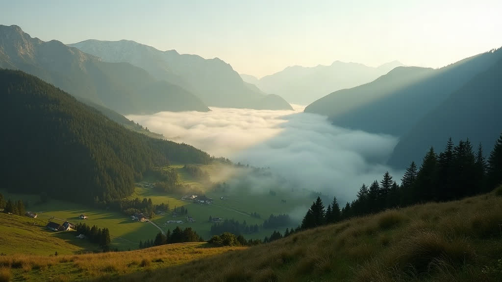 Der Hausberg über dem Tal im ersten Licht