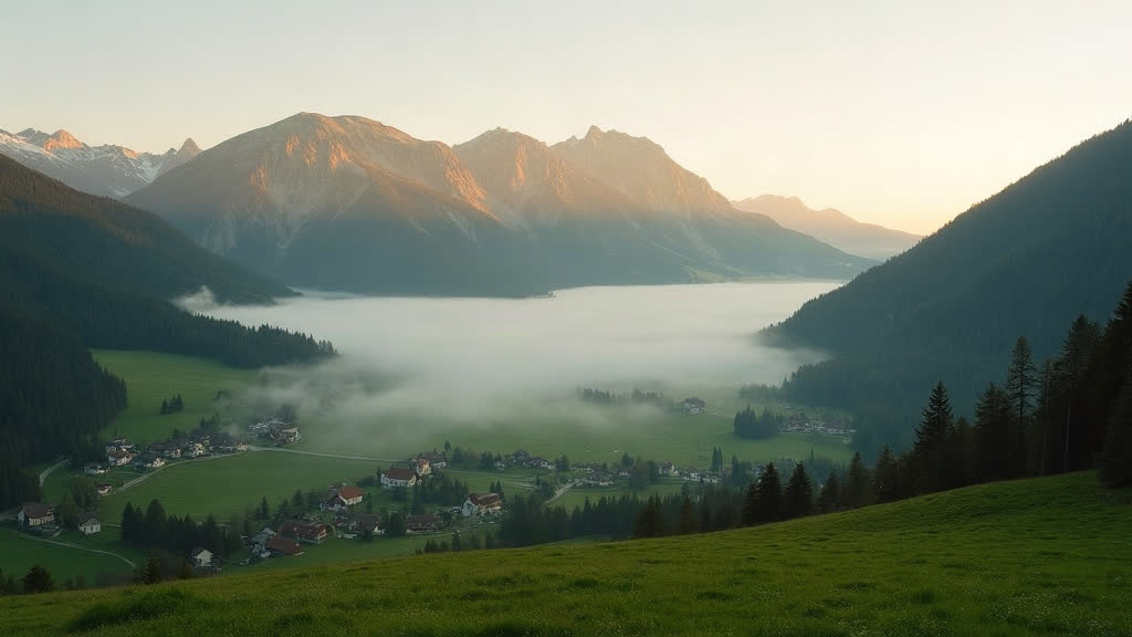 Mit KI erzeugt Der Hausberg über dem Tal, im ersten Licht