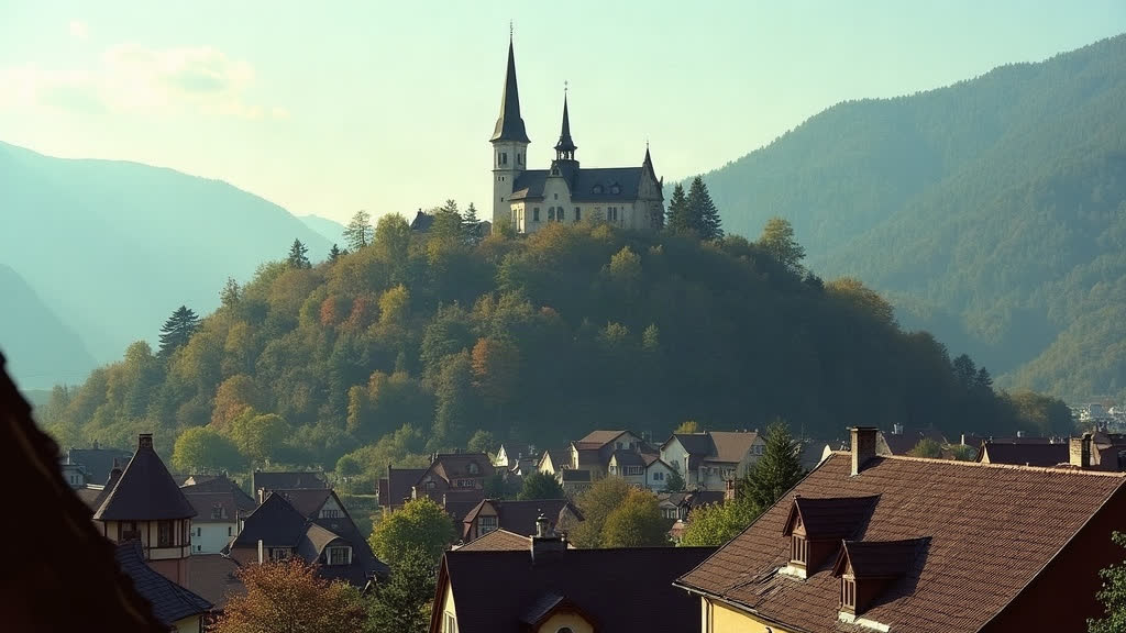 Mit KI erzeugt Die Burg Musterdorf über den Dächern