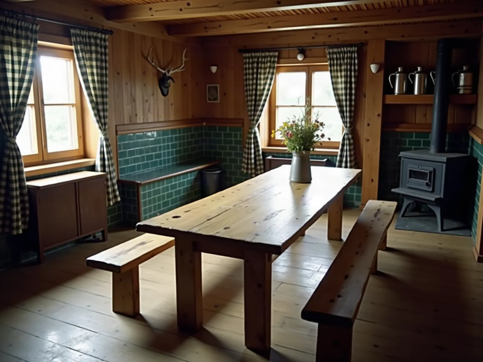 Mit KI erzeugt Vereinsstube mit langem Holztisch und Kachelofen